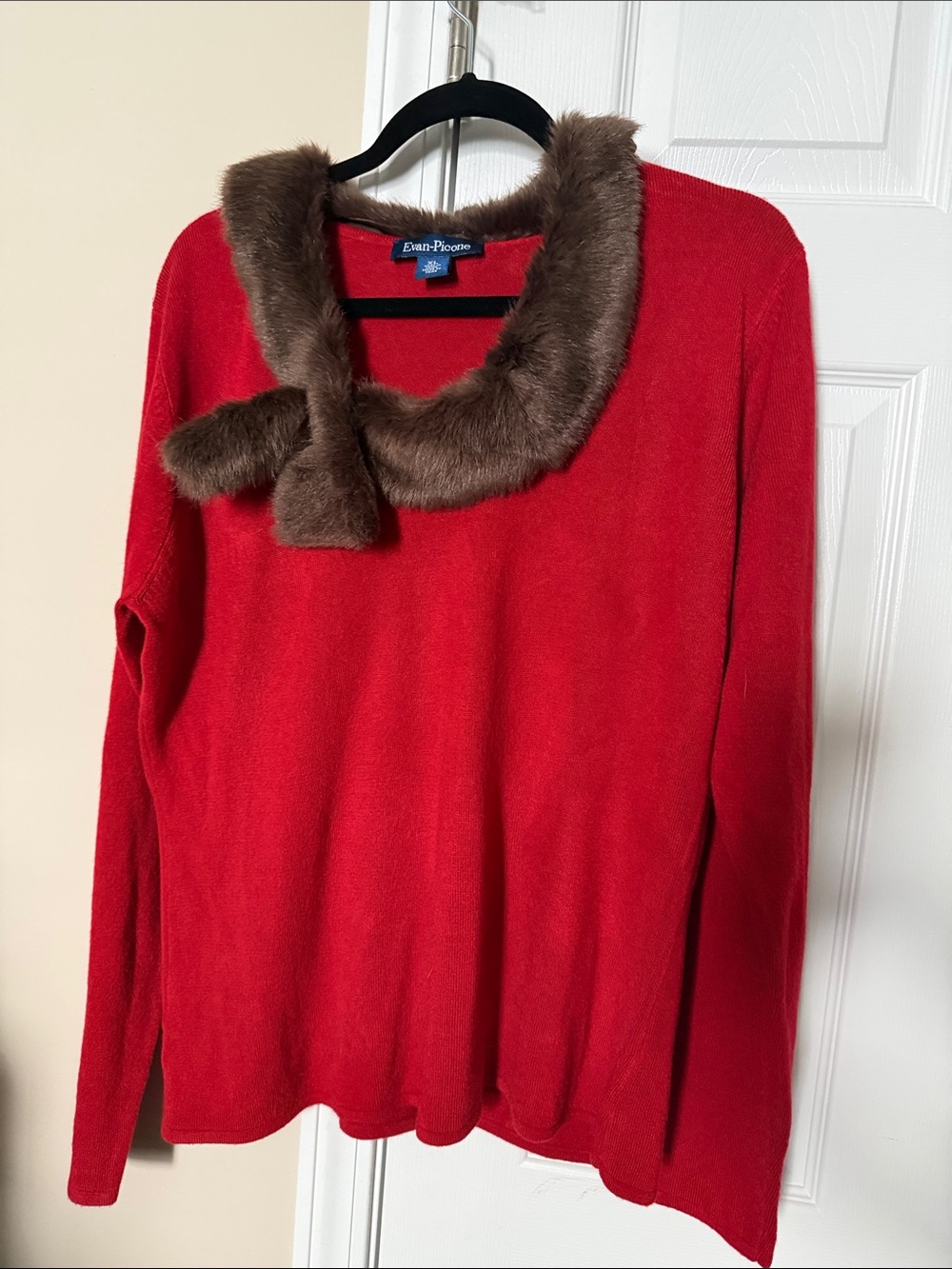 Evan Picone Red Sweater with removable Brown Faux Fur Collar
